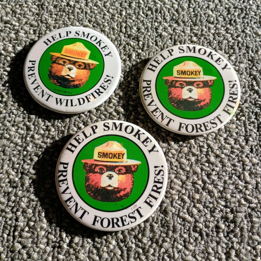 Vintage Smokey Bear Pinback Button Set Forest Wildfires Prevention 2.25 Inch 3pc